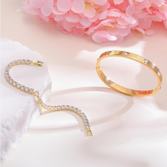 18k bracelet set with gold bangle with hearts love and tennis bracelet CZ - Picture 3 of 3